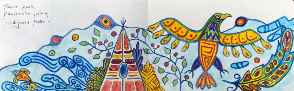 Aquarell von Inga Noetel - indigenes Motiv auf dem Bug der Fähre nach Manitoulin Island