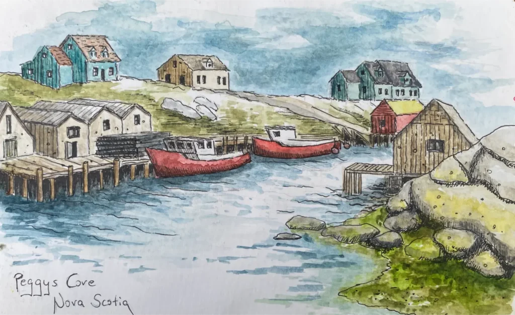 Aquarell von Inga Noetel - Peggys Cove Hafen mit bunten Holzhäusern