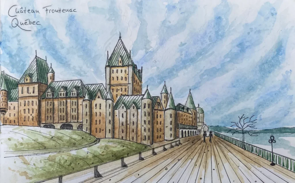 Aquarell von Inga Noetel - Château Frontenac mit weitläufiger Terrasse davor in Québec