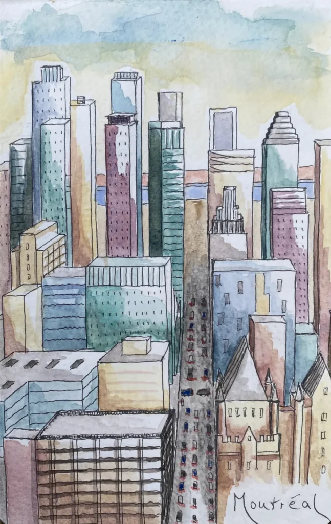 Aquarell von Inga Noetel - Skyline Montréals von schräg oben