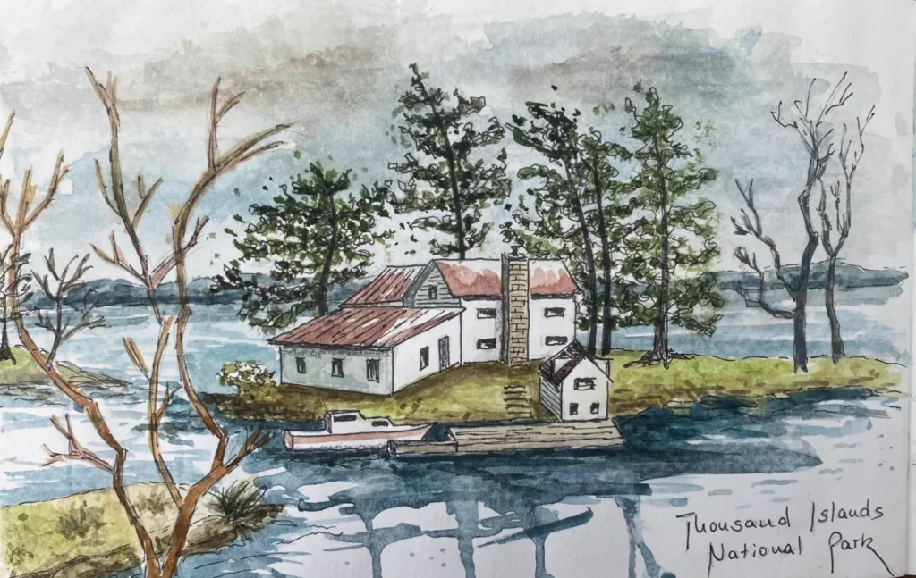 Aquarell von Inga Noetel - weißes Haus auf einer winzigen Insel im Thousand Islands National Park
