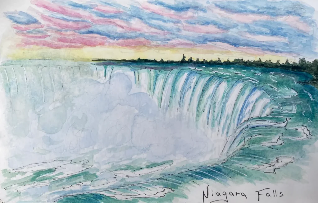 Aquarell von Inga Noetel - Niagara-Fälle am frühen Morgen