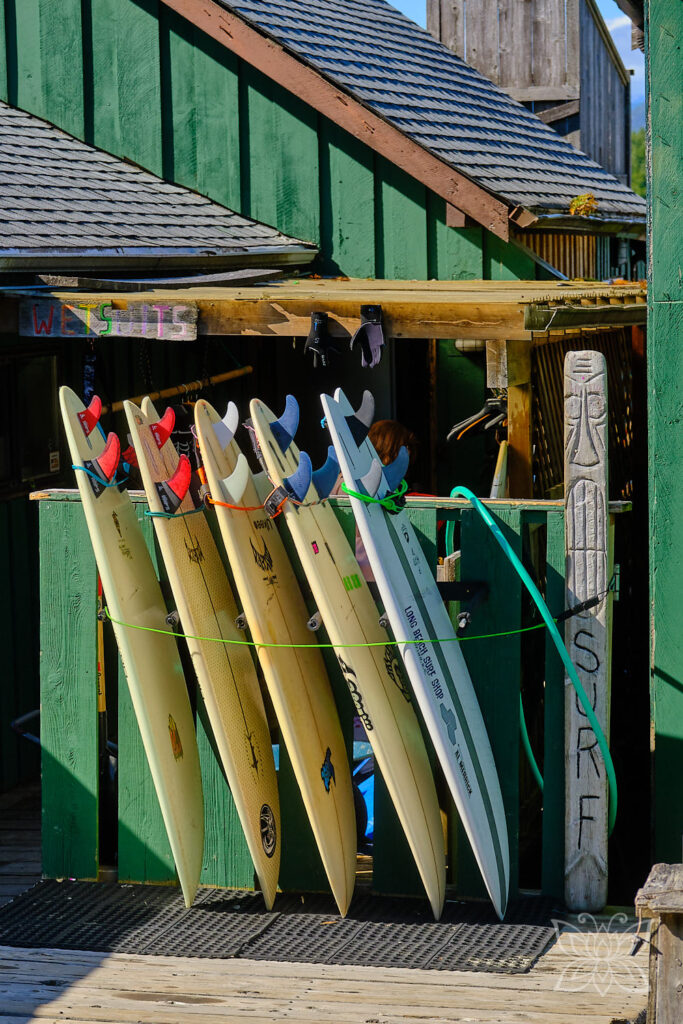 Surfboards vor einem grün gestrichenen Holzhaus aufgereiht