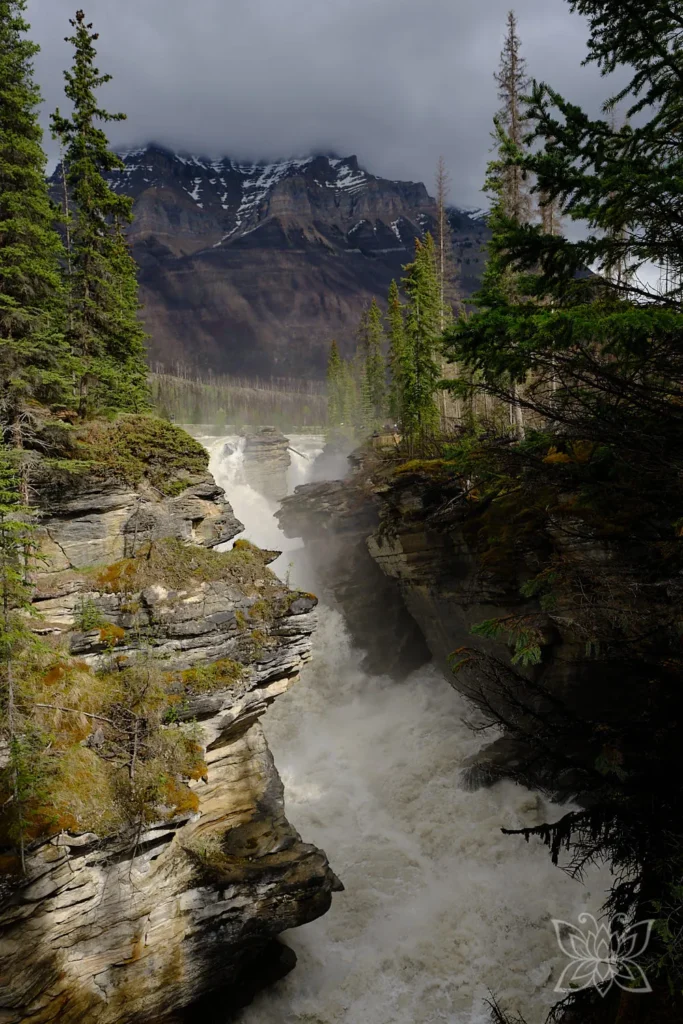 Wasserfall im Canyon mit Bergkulisse im Jasper Nationalpark Kanada