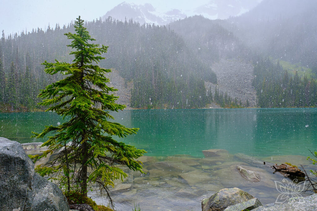 Oberster von den grünen Joffre Lakes bei Schneefall