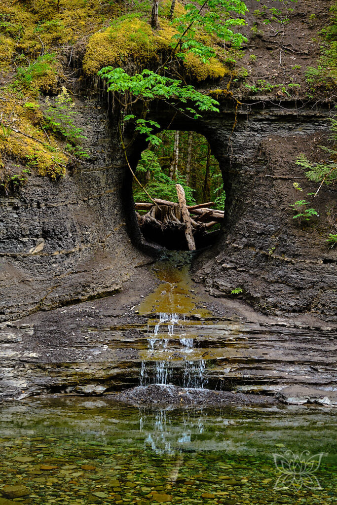 Loch in einer moosbewachsenen Felswand mit einem kleinen Wasserfall