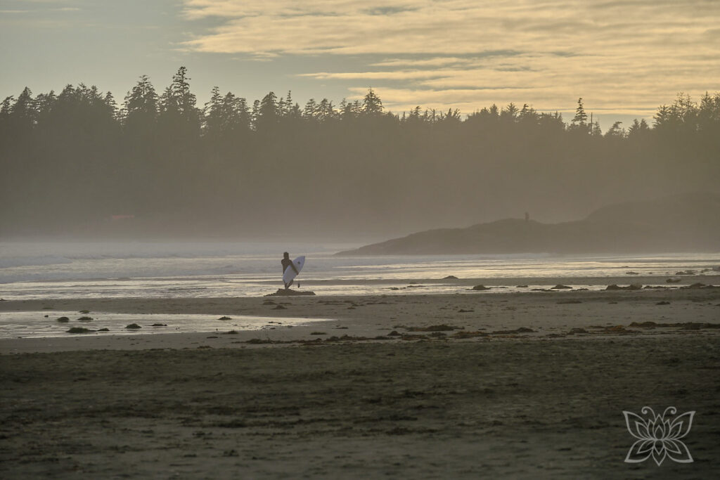 Surfer bei Sonnenuntergang am Strand von Long Beach