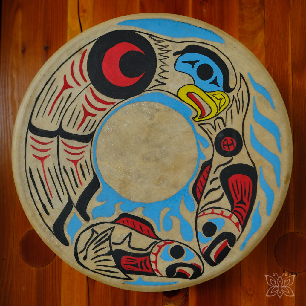 Ausstellungsstücke von Trommeln im Squamish_Lil`wat Cultural Centre