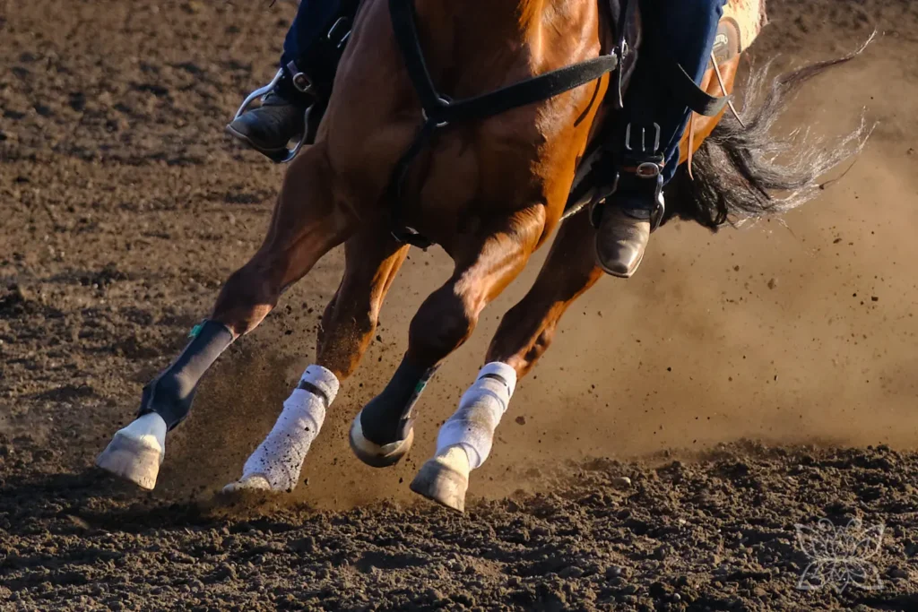 Dteialaufnahme von Pferdebeinen im Galopp