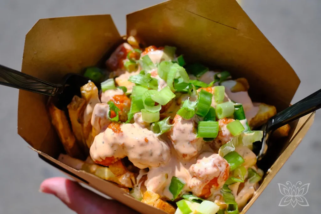 Poutine (Pommes mit Sauce und Frühlingszwiebeln) in einer Pappschachtel