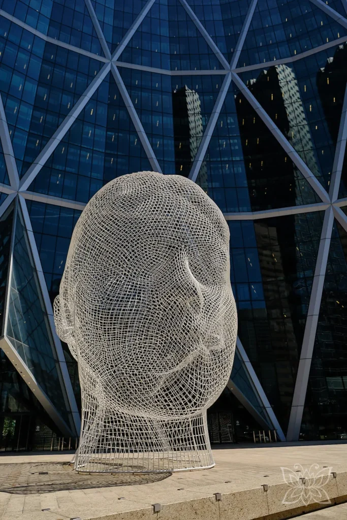 Gesichtsskulptur vor Wolkenkratzer in Downtown Calgary