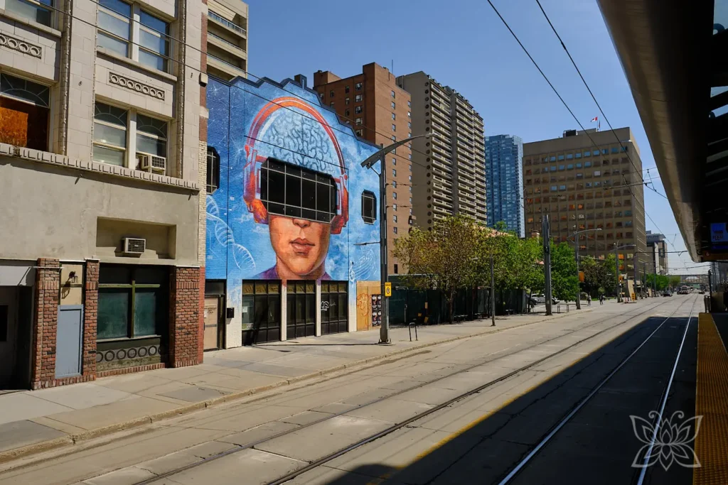 Straßenzug mit Mural und Straßenbahnschienen in Calgary